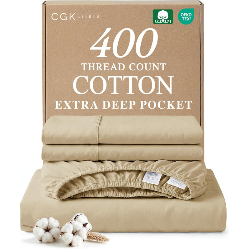 4 Piece 400 Thread Count Cotton Sheet Set – Extra Deep Pocket, Cooling, Breathable & Soft Bedding, Beige