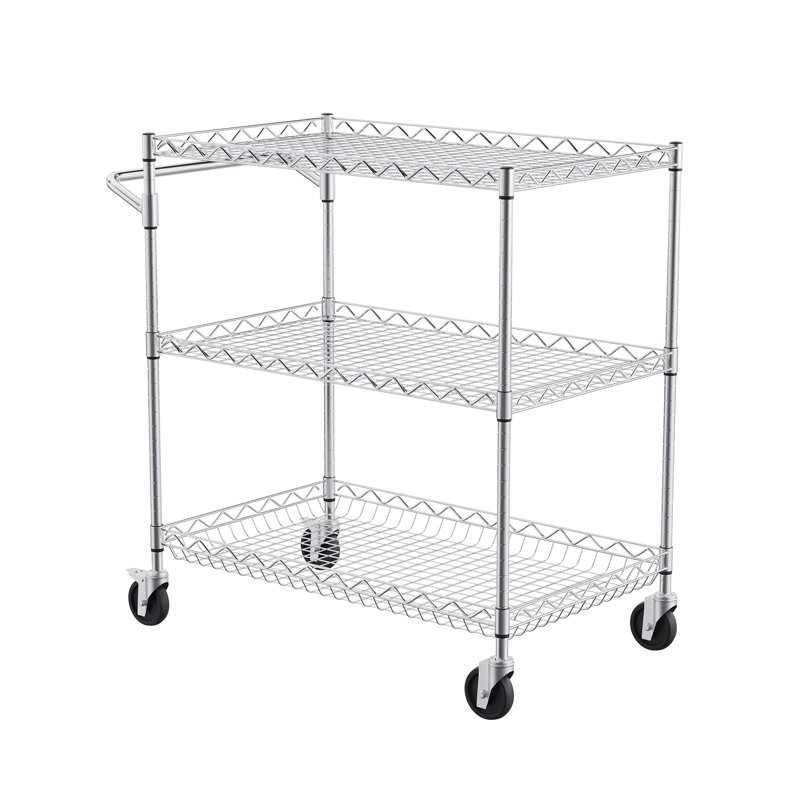 Chariot utilitaire roulant robuste à 3 niveaux avec tablettes grillagées réglables et roulettes silencieuses - support de rangement industriel chromé pour la cuisine, le garage et l'entrepôt