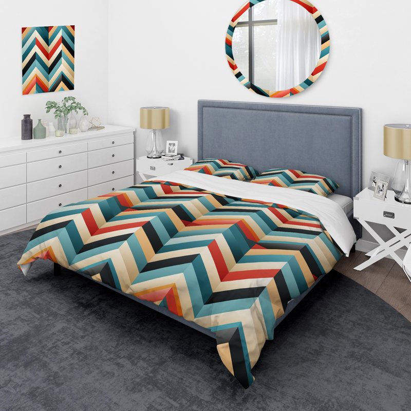 Mid Century Geometric Blue And Beige Pattern I Geometric Shapes Duvet Cover, Twin Duvet Cover + 1 Standard Sham