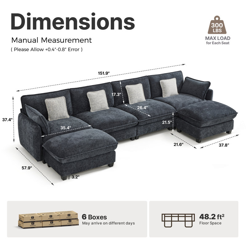 Oversized Modular Sectional Sofa, 4 Seat U shaped Cloud Sectional Couch with 2 Ottomans, Black Fabric