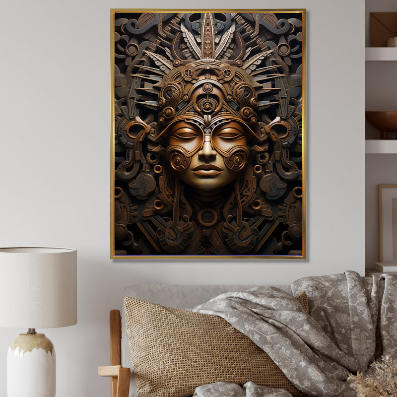 Masque aztèque antique sur toile, H 20 po x l 12 po x P 1 po, Cadre flottant doré