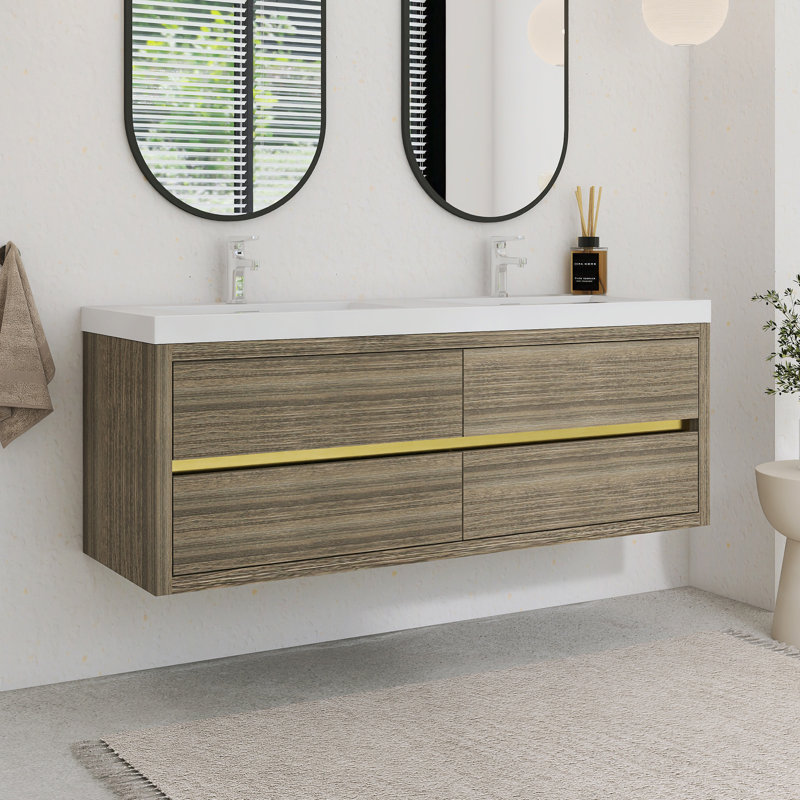 Ensemble de meuble-lavabo mural 60 po avec double lavabo double en résine, Bois de frêne gris, 60"
