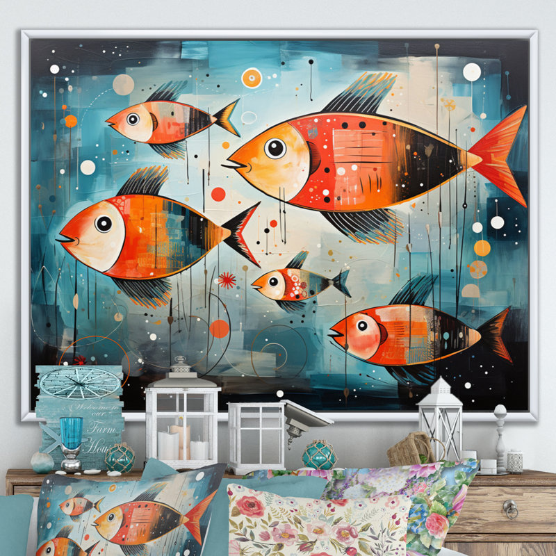 Minimalism Fish Collages II - Animals Wall Art Prints, Cadre flottant blanc, H 34 po x l 44 po x P 1,5 po