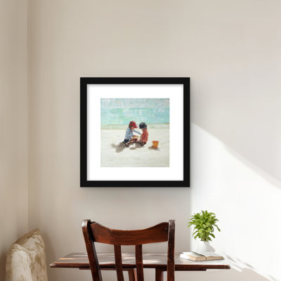 Little Girls at the Beach - Marine Blue Framed Print Decor