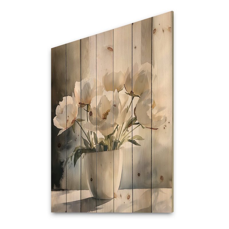 Pivoines et ombres géométriques I - décoration murale en bois de pivoines - sur bois de pin naturel