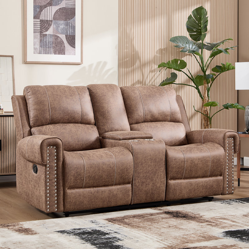 75" Vegan Leather Manual Reclining Loveseat Sofa, 2 Seater Recliner Couch with Storage & Cup Holder