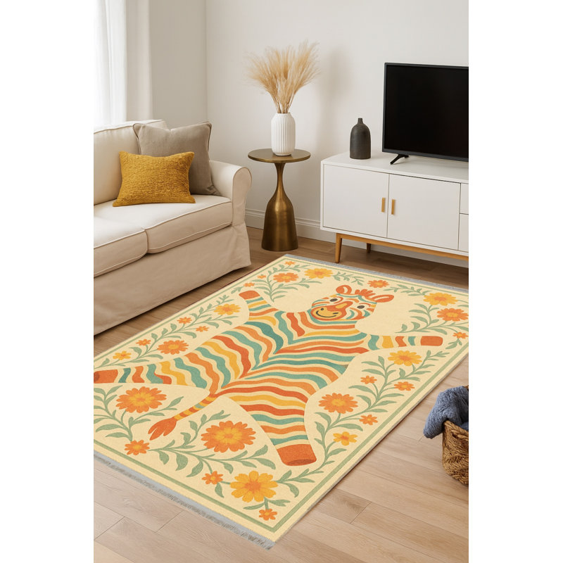 Tapis jaune tissé à motif floral lavable Mosso, 2'4" x 3'11"