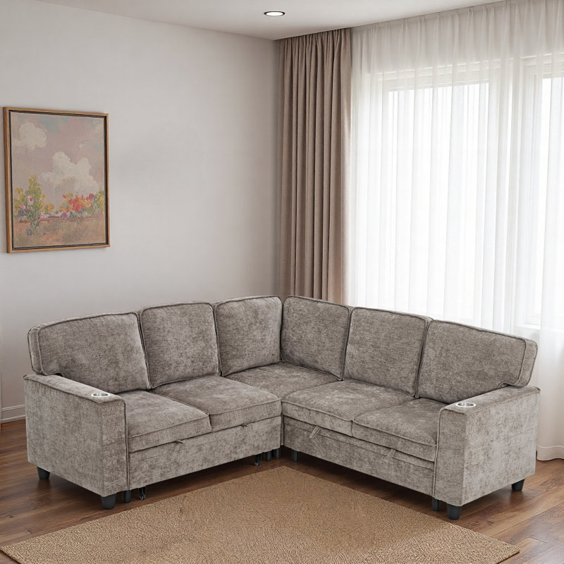 L-shaped Sectional Sofa With Storage Seat, Usb And Cup Holders, Light Brown Chenille