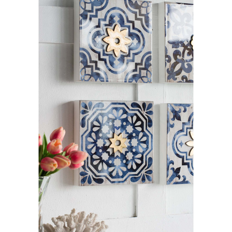 Décorations murales abstraites bleues, blanches et dorées de 9,5 po x 9,5 po S / 4