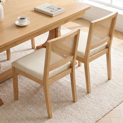 Chaises de cuisine en lin rembourrées à dossier en rotin - Ensemble de chaises de salle à manger de style Mid-Century moderne avec structure en bois franc naturel