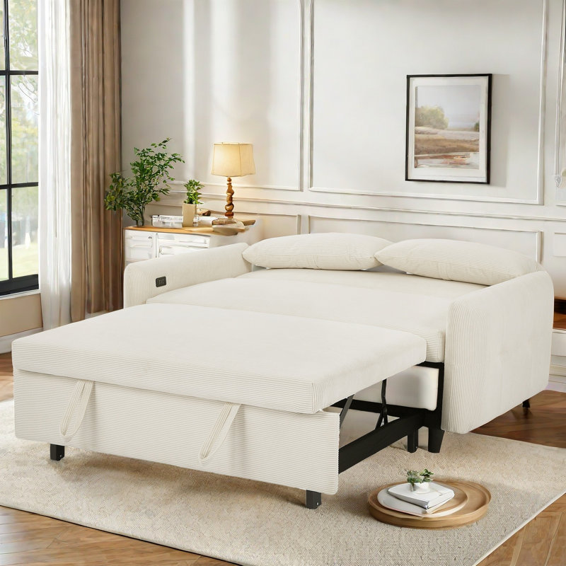 Canapé convertible Hierius avec deux coussins décoratifs, ports USB et dossier réglable, Beige