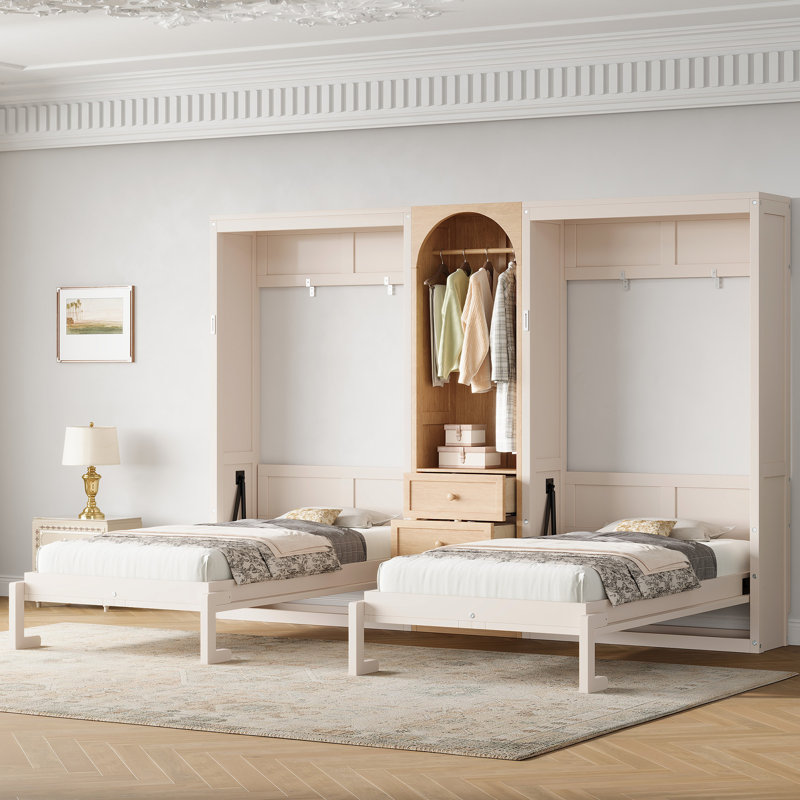 Lit escamotable en bois avec tiroirs, armoire et 2 lits simples pliants