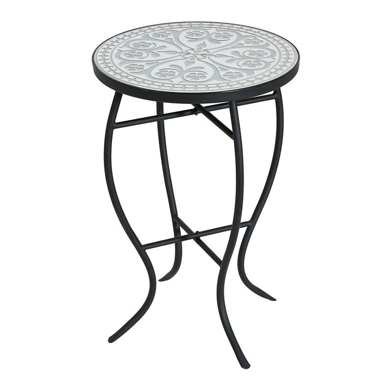 21" Gray Mosaic Round Outdoor Side Table with Curved Iron Legs, Gray