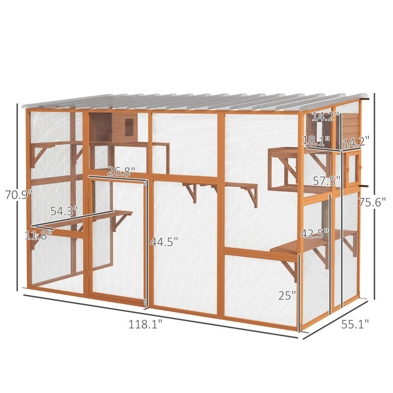 Large Orange Wooden Outdoor Cat House with Weather Protection Roof