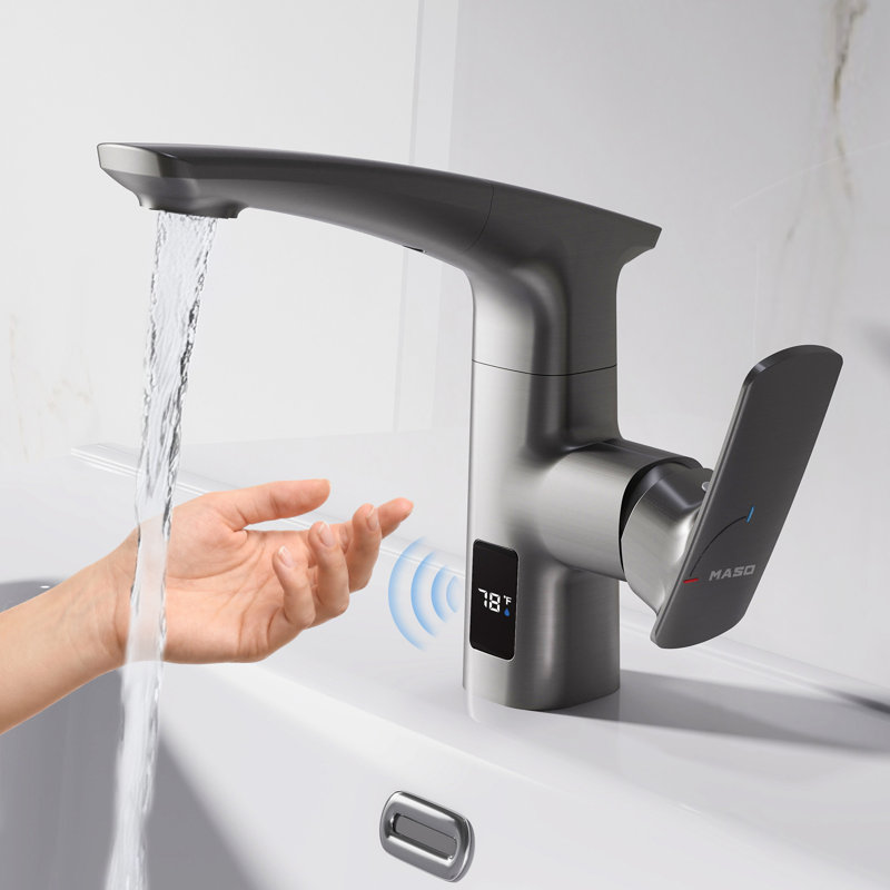 MASO Touchless Pull-Down Bathroom Sink Faucet, 2 Spray Modes, Temperature Display (°F), Motion Sensor, 360° Swivel, Single Handle, 1 or 3 Hole, Deck Plate, Vanity, Laundry & Bar,   Brushed Gray