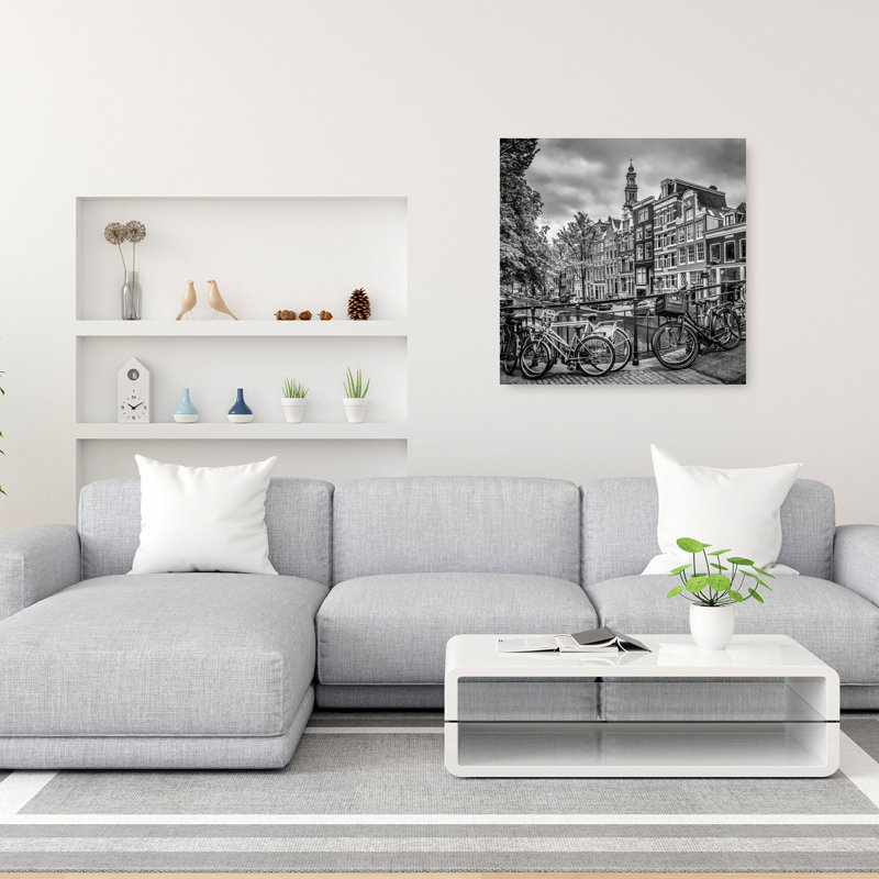 «Amsterdam Canal Bicyclcles», impression d'art abstrait de ville contemporaine colorée, 36" H x 36" W