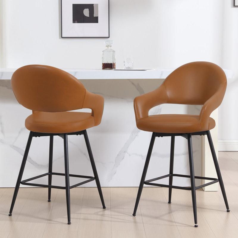 26" Faux Leather Counter Height Swivel Bar Stools, Brown, 2