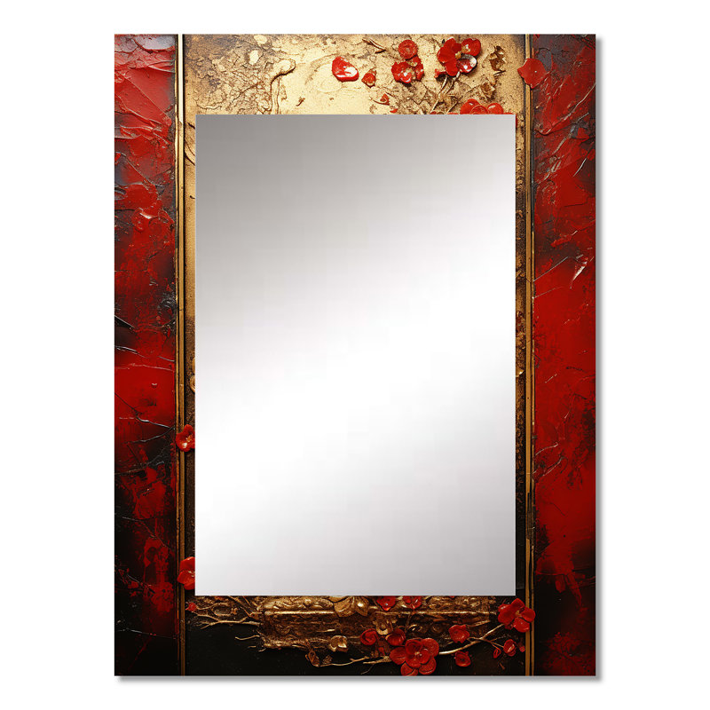 «God and Red Floral Japanese Tiles III - Botanicals», miroir décoratif doré, impression sur métal, 32 po x 24 po