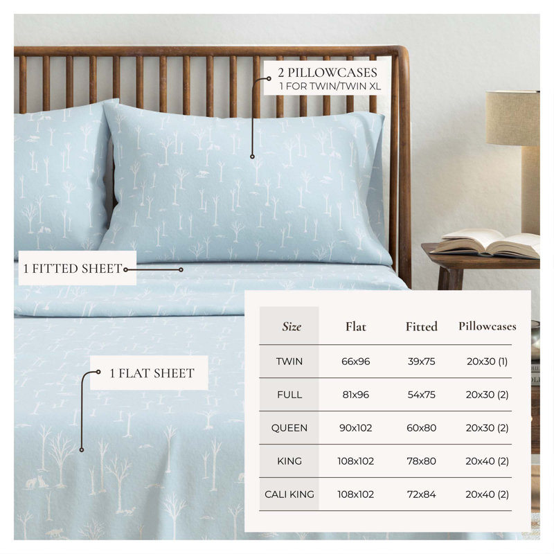 100% Turkish Cotton Flannel Lodge Sheet Sets, Birch Trail, Queen Sheet Set with 2 Pillowcases