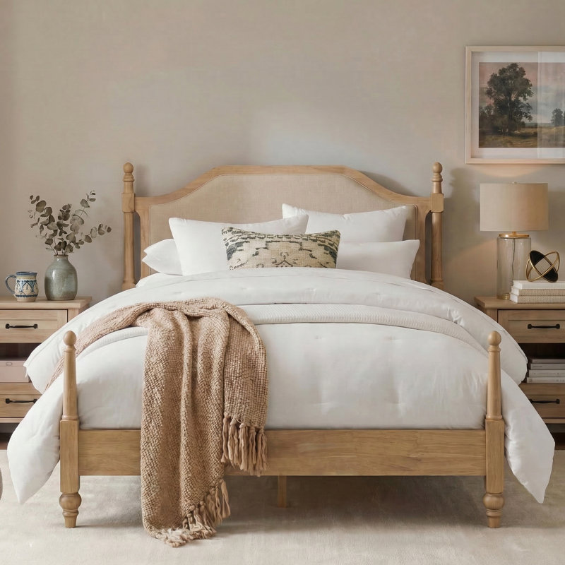 Queen Size Bed Frame With Upholstered Headboard, No Box Spring Needed, Wooden Slat Support, Easy Assembly, Oak