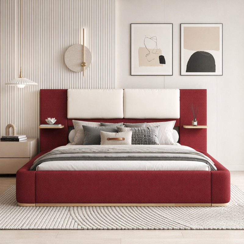 Très grand lit plateforme tapissier avec tablettes de rangement et coins arrondis doux, Très grand lit, Rouge