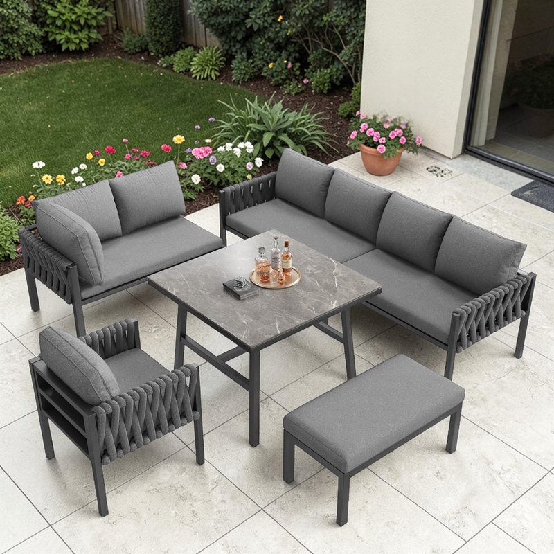Rynley 238cm Wide L-Shaped Metal Patio Sectional Set, Grey Cushion/Black Frame