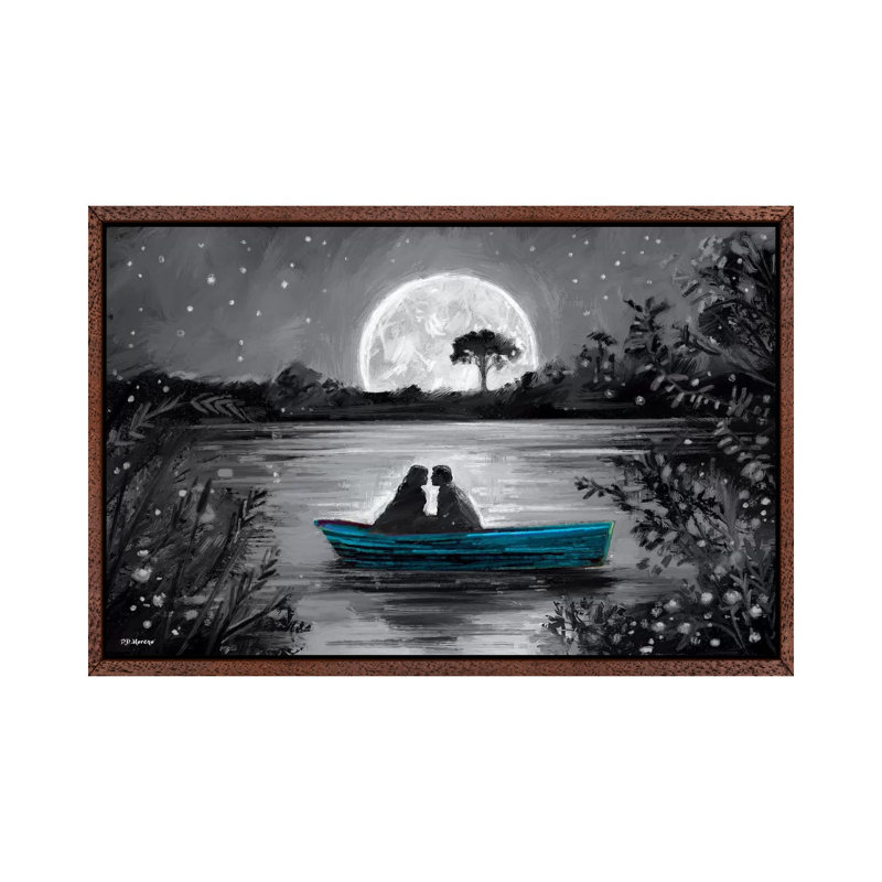 Love In Boat Blue by P.D. Moreno - Painting on Canvas, 66.04cm H x 101.6cm W x 3.81cm D, Classic Brown Wood Floater Framed