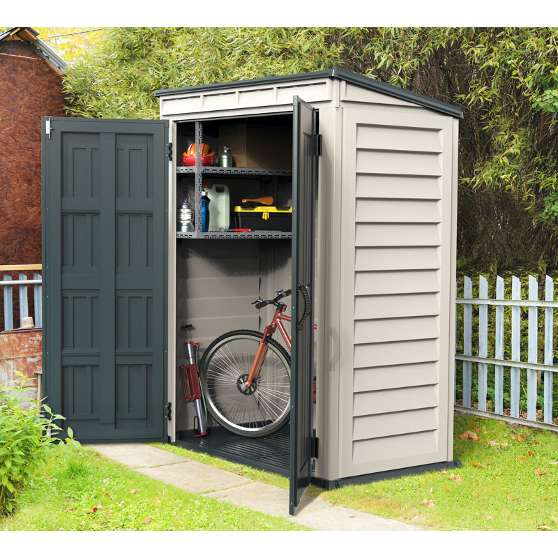 Gray Vinyl Lean-To Storage Shed with Shelving and Windows