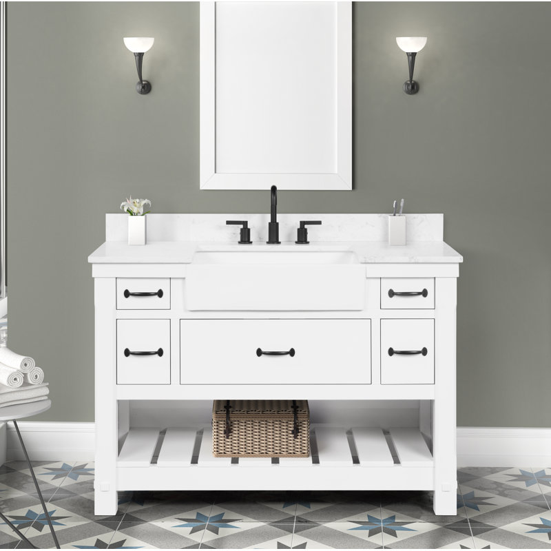 Dilkhush 48" Single Bathroom Vanity with Carrara Engineered Stone/Natural Marble Top, Sink & Backsplash, Dove White, Pre-Assembled