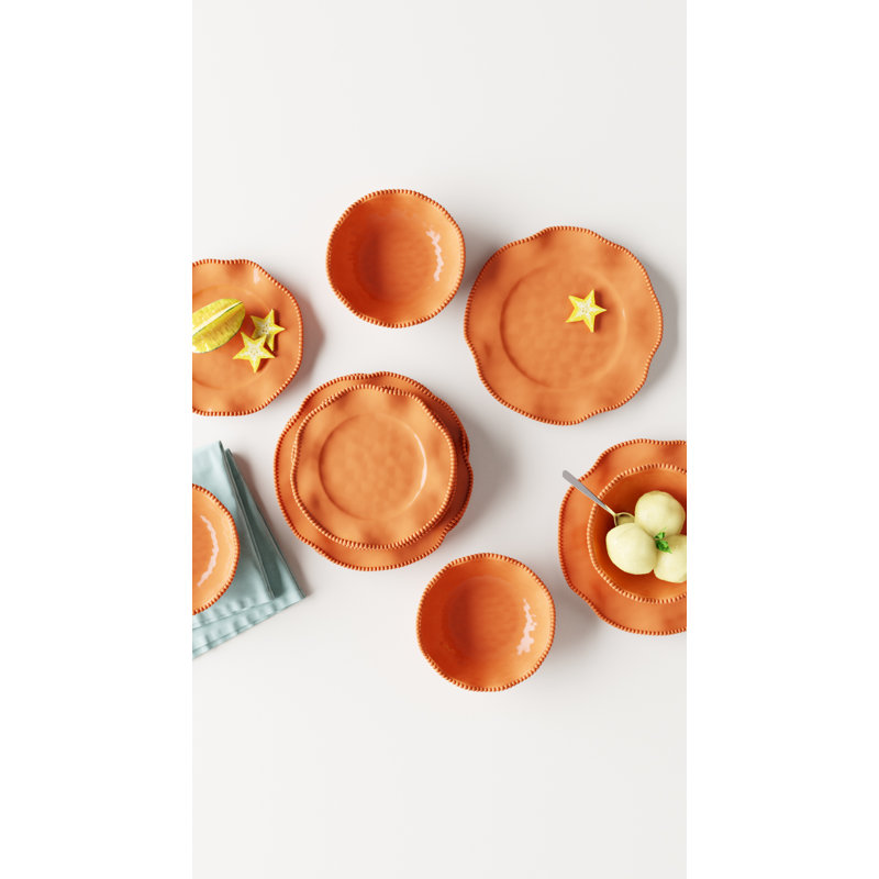 Coral Melamine Dinnerware Set with Beaded Ruffled Rims, Service for 4