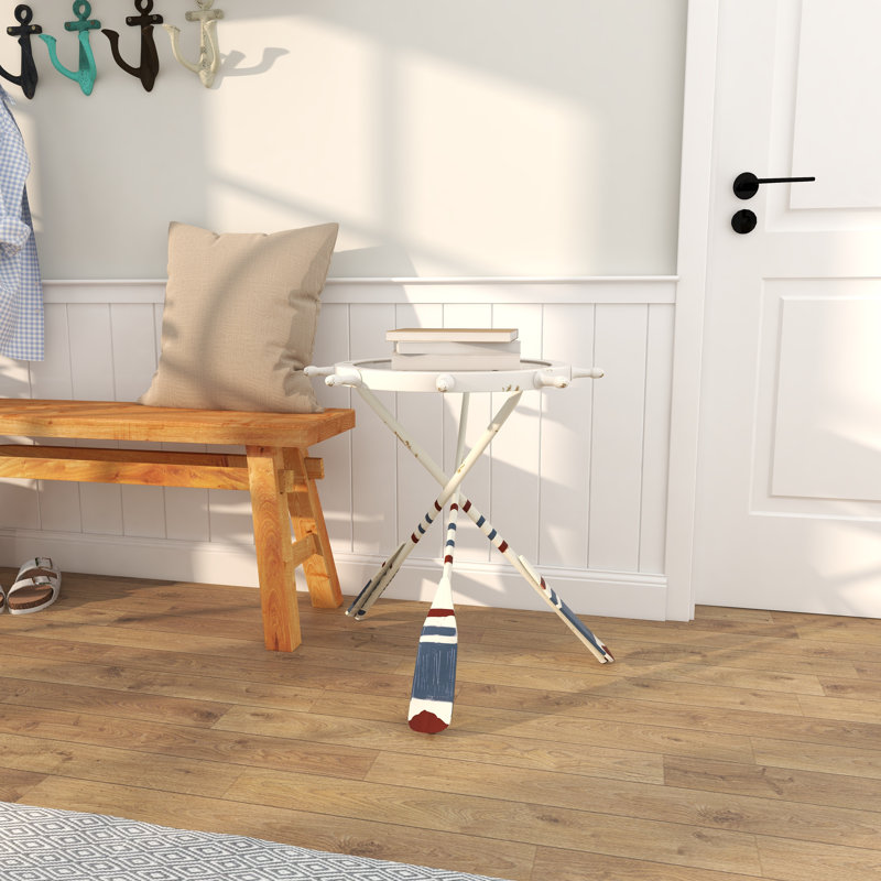 White Metal Ship Wheel Top Side End Accent Table with Oar Shaped Legs