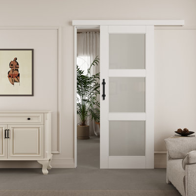 Hidden Style Track White Primed 3-Lite Frosted Glass Sliding Barn Door With Hardware Kit(No Assembly Required)