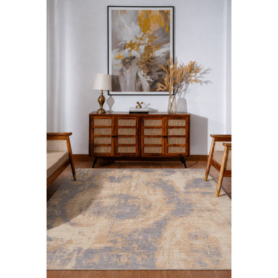 Tapis en laine tissé à la main - 152 x 244 cm, rectangulaire, bleu beige, motif abstrait moderne, épais et à poils longs, antidérapant, idéal pour le salon et la chambre.