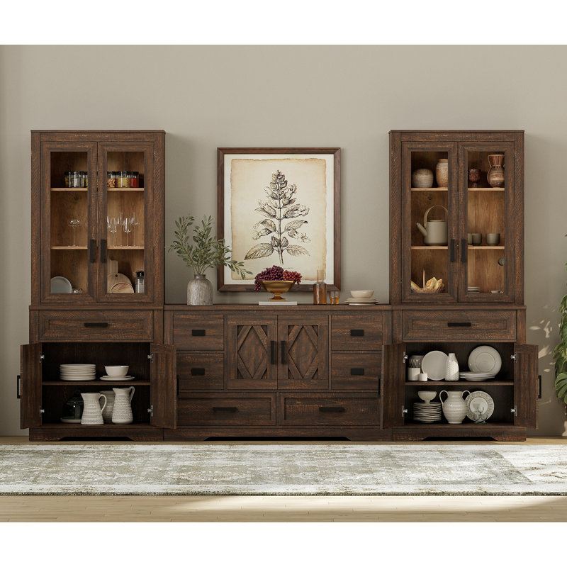 Glenford 3-In-1 73.3"H Tall Kitchen Pantry Storage Cabinet,Large Farmhouse Style Sideboard Buffet Cabinet Set Of 3 With Drawers And Shelves For Kitchen