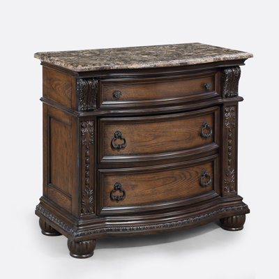 Solid Wood Nightstand, Coffee Brown, Marble Top, Three Drawers, Antiqued Hardware
