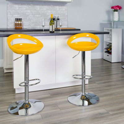 Contemporary Plastic Adjustable Height Barstool with Rounded Cutout Back and Chrome Base