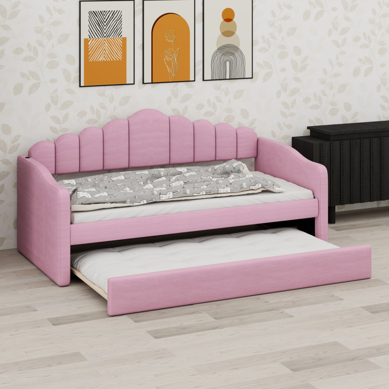 Daybed with Trundle, Velvet Sofabed Design and Built-in USB Charging Ports, Pink