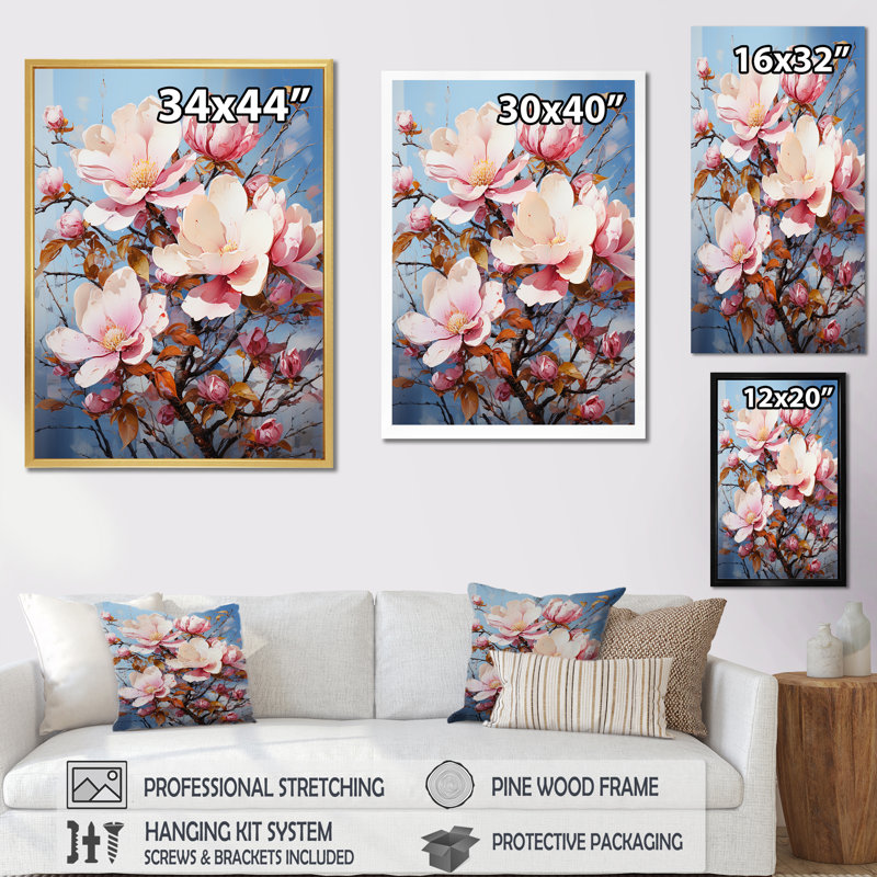 Sérénade de magnolias bleus et roses sur toile, Cadre doré simple, H 44 po x l 34 po x P 1,5 po