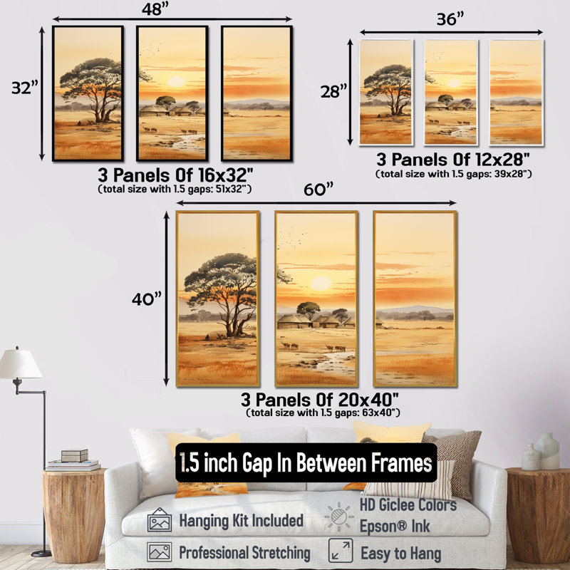 «Beige African Safari Landscape IV - Art mural africain», Cadre flottant brun, H 32 po x l 48 po x P 1 po