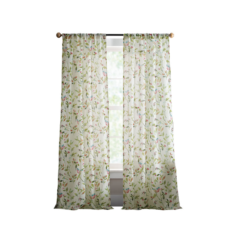 Forest Green Sheer Botanical Print Polyester Window Panels, 37in x 84in