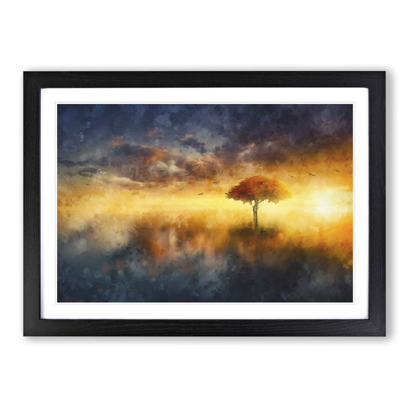 Flying Birds over a Lone Tree - Picture Frame Graphic Art Print, 45cm H x 63cm W x 2cm D, Black Framed