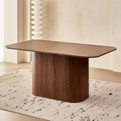 Large Dining Table For 4 6, [Rounded Corners] [Wood Strip Pedestal Base], Three-part Tops, Farmhouse Rectangle Kitchen Dinner Table For Dining Room