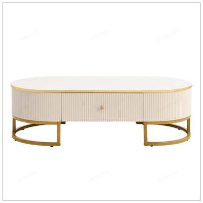 Stylish Modern Oval Coffee Table with Functional Drawers, Curved Design and Decorative Base, Perfect for Contemporary Living Rooms
