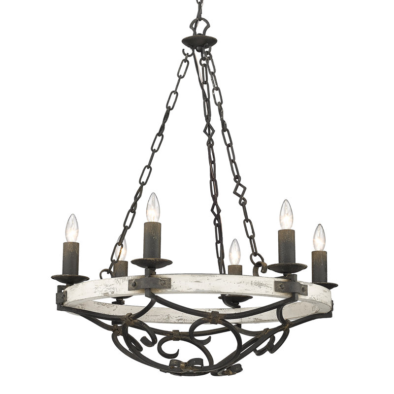 Conyngham 6 - Light Dimmable Round Chandelier, Antique Black Iron, Coastal Driftwood