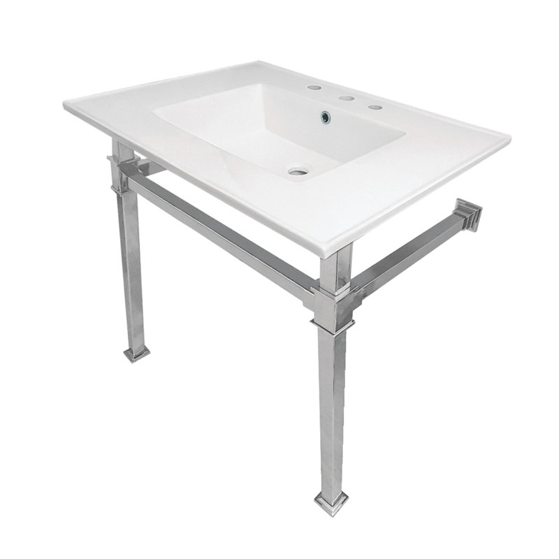 Kingston Brass Monarch 31-Inch Ceramic Console Sink with Stainless Steel Legs (4-Inch, 3-Hole), White/Polished Chrome
