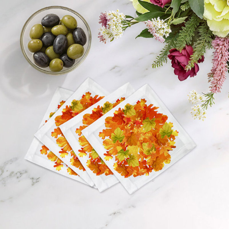 Fallen Leaves Cotton Sateen Cocktail Napkins, White