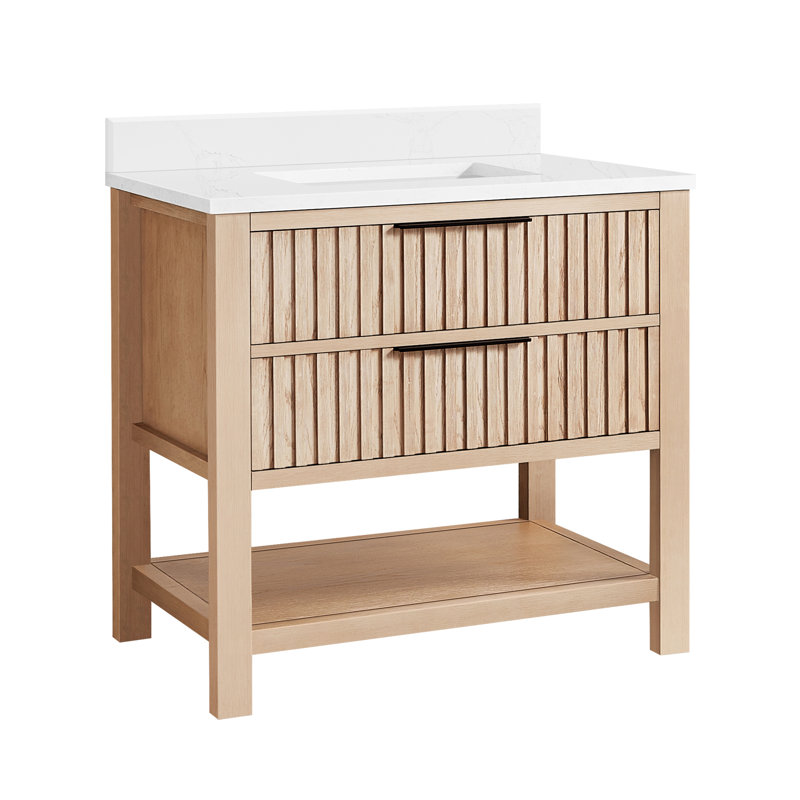 Chapdelaine 36" Single Bath Vanity in White Grain Composite Stone Top, Aged Natural Oak/Matte Black