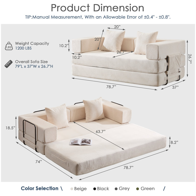Canapé-lit convertible avec accoudoirs et dossier, canapé pliant en velours côtelé avec 2 coussins, canapé modulaire pour salon, chambre à coucher, studio - aucun assemblage requis
