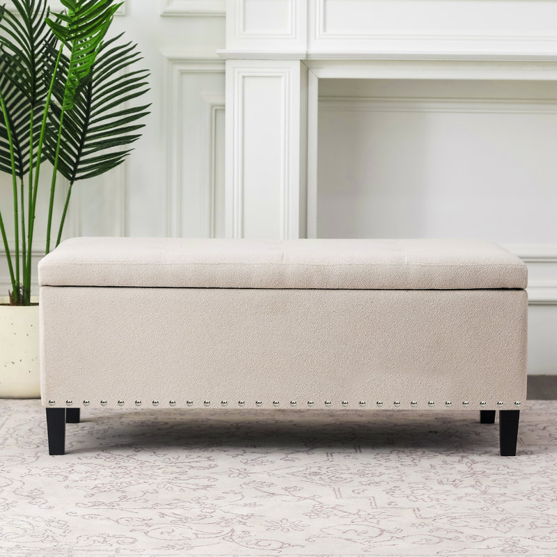 Repose-pieds capitonné rectangulaire de 42 po avec rangement, Tissu blanc cassé