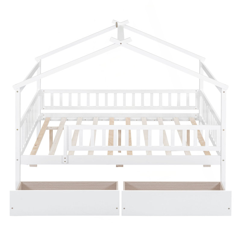 Lit double en bois avec deux tiroirs, blanc